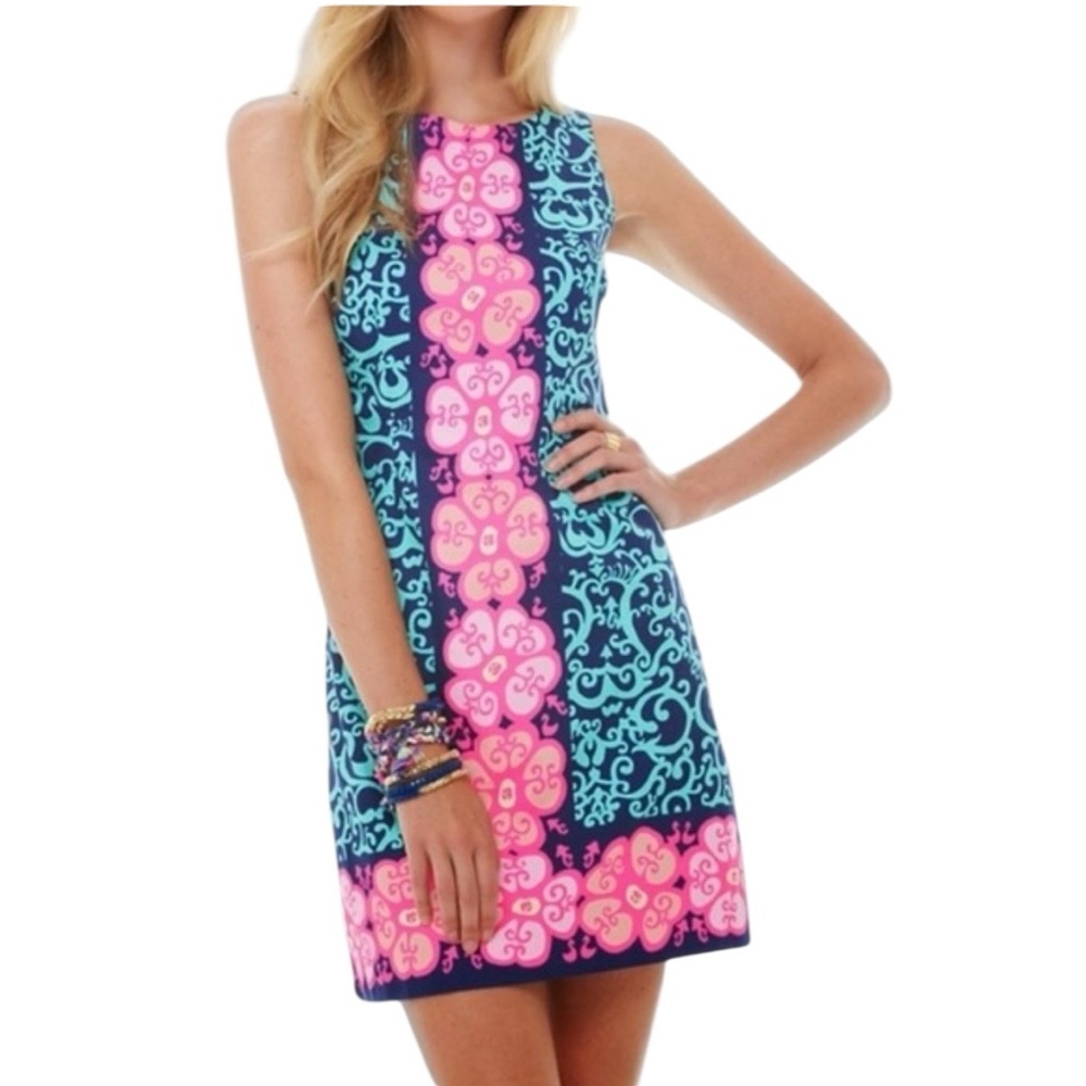Lilly Pulitzer Fountain Hopping Delia Dress Navy Blue Hot Pink Shift Sheath 2